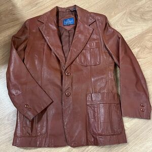 Vintage Nino Cerruti Sport 70s Red Leather Jacket Coat Mens 44R Blazer Style